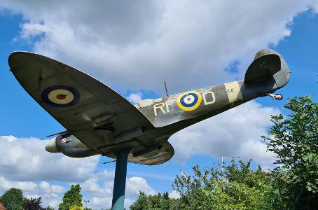 Model Spitfire and Stone Plinth at The Orchard, Ruislip