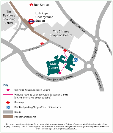 Map of the Civic Centre, Uxbridge, showing the location of the Uxbridge Adult Education Centre map