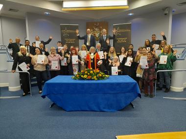 Leader, Mayor and Chief Executive with all the winners from the 2023 Hillingdon Community Awards