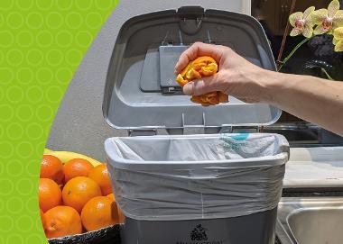 hand dropping orange peel into food waste bin