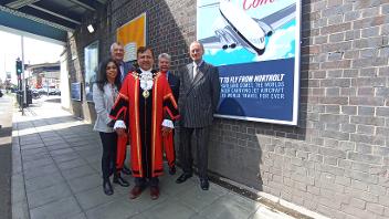 Cllr Heena Makwana, Cllr Eddie Lavery, Mayor of Hillingdon Cllr Shehryar Ahmad-Wallana,  Sir Ray Puddifoot MBE and Allan Kauffman at the unveiling of the 'South Ruislip Stories' series of posters.