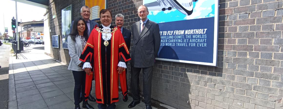 Cllr Heena Makwana, Cllr Eddie Lavery, Mayor of Hillingdon Cllr Shehryar Ahmad-Wallana,  Sir Ray Puddifoot MBE and Allan Kauffman at the unveiling of the 'South Ruislip Stories' series of posters.