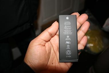 A counterfeit Apple iPhone battery seized by the council's Trading Standards team