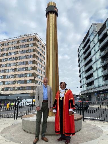Cllr Eddie Lavery and the Mayor of Hillingdon at the new Hayes Clock