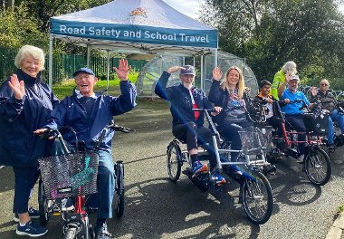 The council's dementia friendly cycling group, members and carers enyoying the new accessible cycles