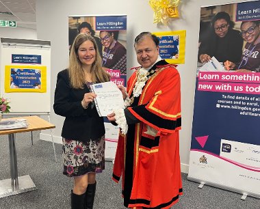 Oana-Maria Vasile with the Mayor of Hillingdon Cllr Shehryar Ahmad-Wallana