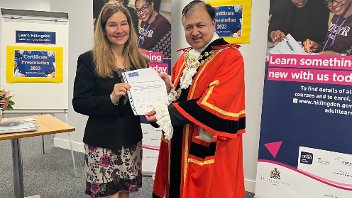 Oana-Maria Vasile with the Mayor of Hillingdon Cllr Shehryar Ahmad-Wallana