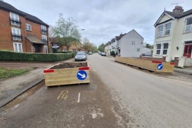 Planters in Tavistock Road, West Drayton, installed as part of an experimental traffic calming scheme.