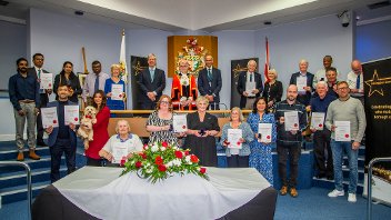 Group shot of all the 2025 Hillingdon Community Awards winners, with the Mayor, Leader and Chief Executive