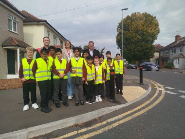 Cllr Steve Tuckwell with Rebecca Beaumont, headteacher of Hayes Park Primary and students