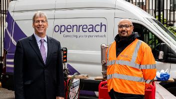 Leader of Hillingdon Council, Cllr Ian Edwards, with an Openreach engineer at the Hayes exchange