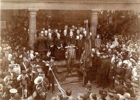 Proclamation of the accession of King George V at Uxbridge Market House, with brass band in attendance, 1910